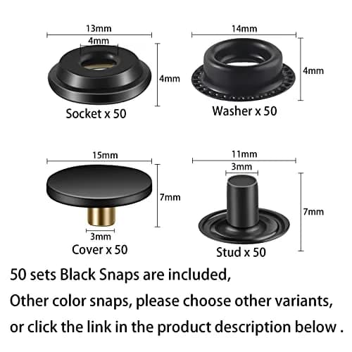 Moocci Black Snap Fastener Kit Tool with 3 Fixing Tools, 50 Sets (200 Pieces) | Marine Grade Stainless Steel Snaps for Leather, Canvas, Clothes thumbnail 2
