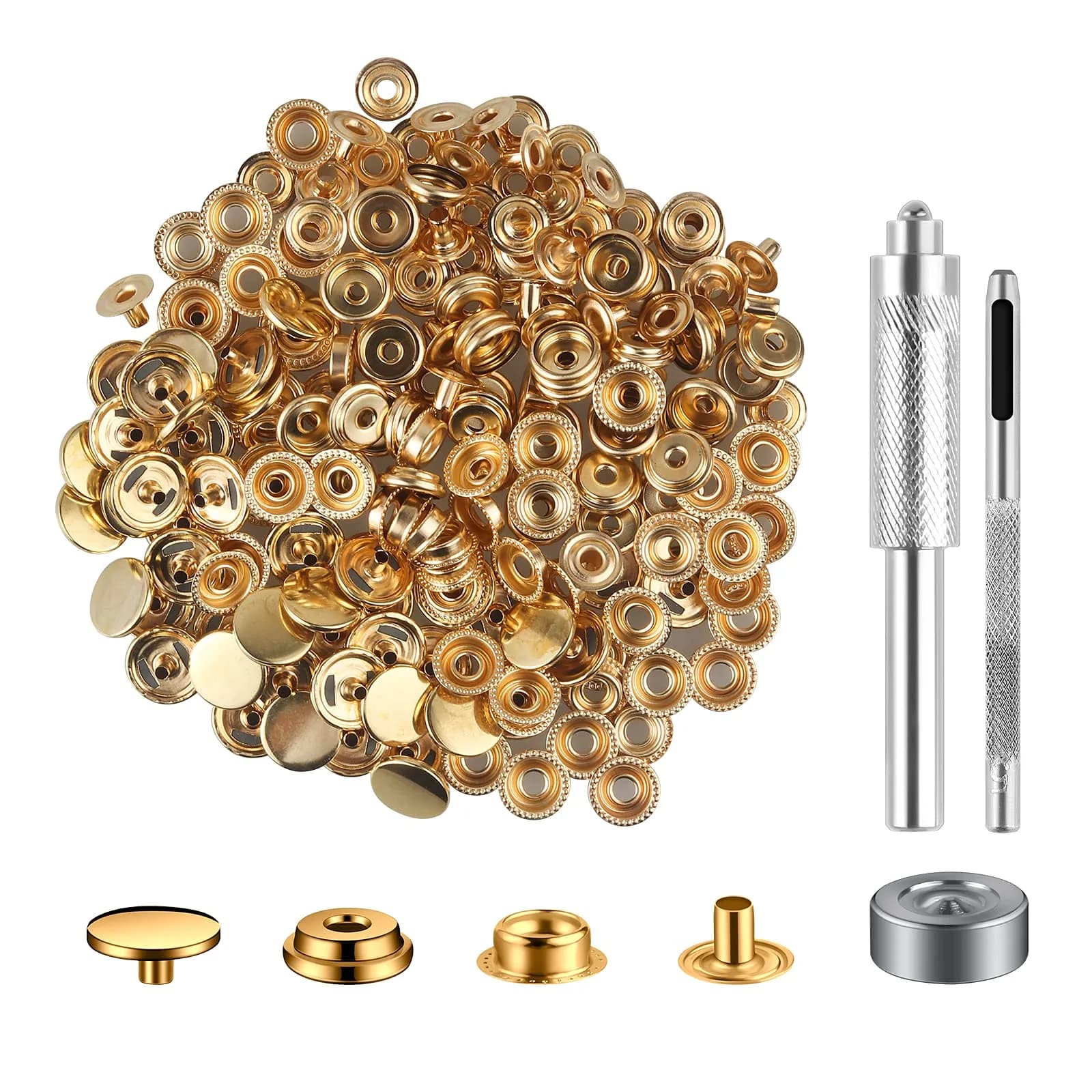 Moocci 200 Pcs (50 Sets) Leather Snap Fastener Kit Tool 15mm (0.59 inch) Silver+Bronze | Heavy Duty Stainless Steel Press Studs for Bags, Jeans, Clothes, Fabric — Gold