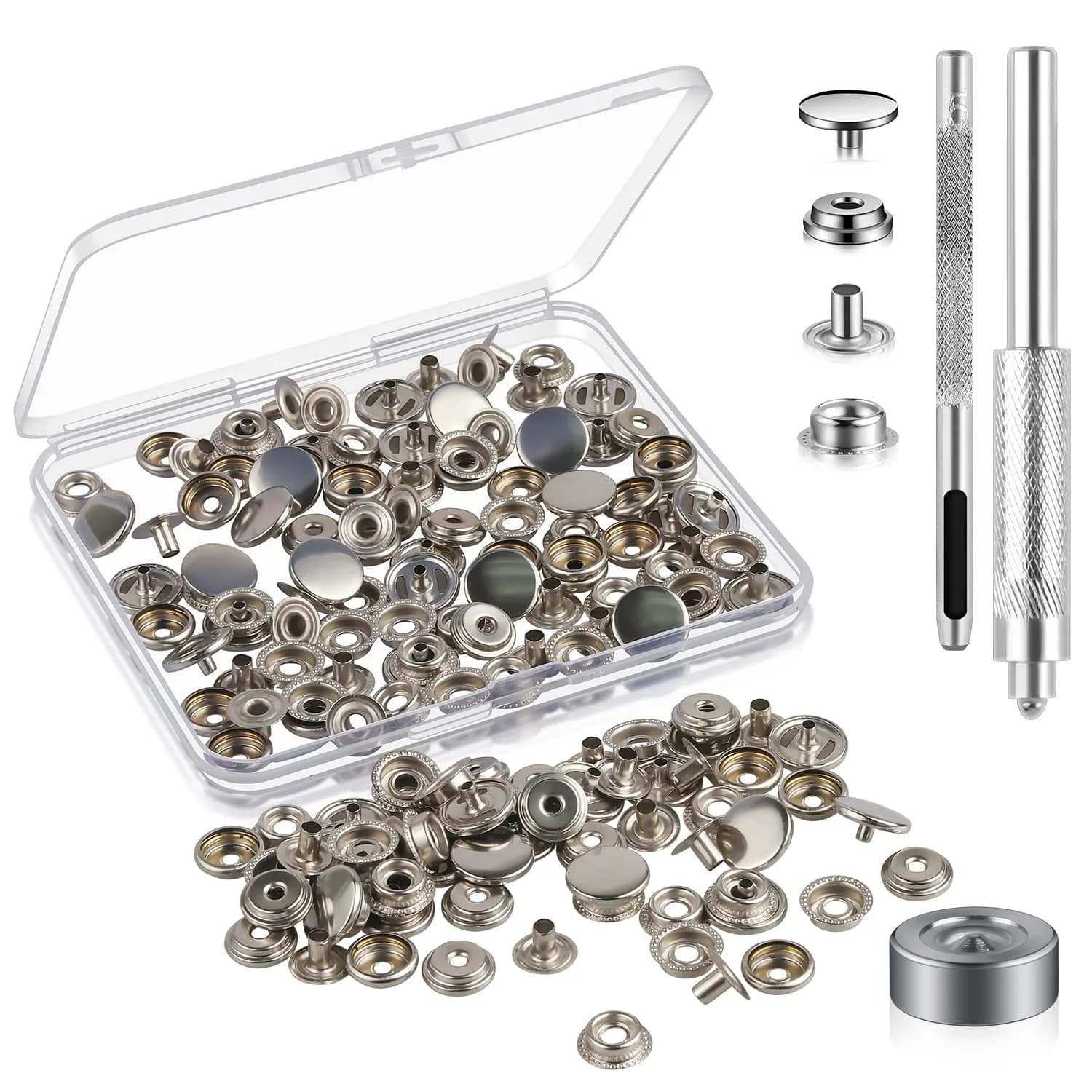 Moocci Snap Fastener Kit, 50 Sets, Marine Grade Stainless Steel, Silver | Durable, Easy to Install, Suitable for Fabric & Leather — Silver