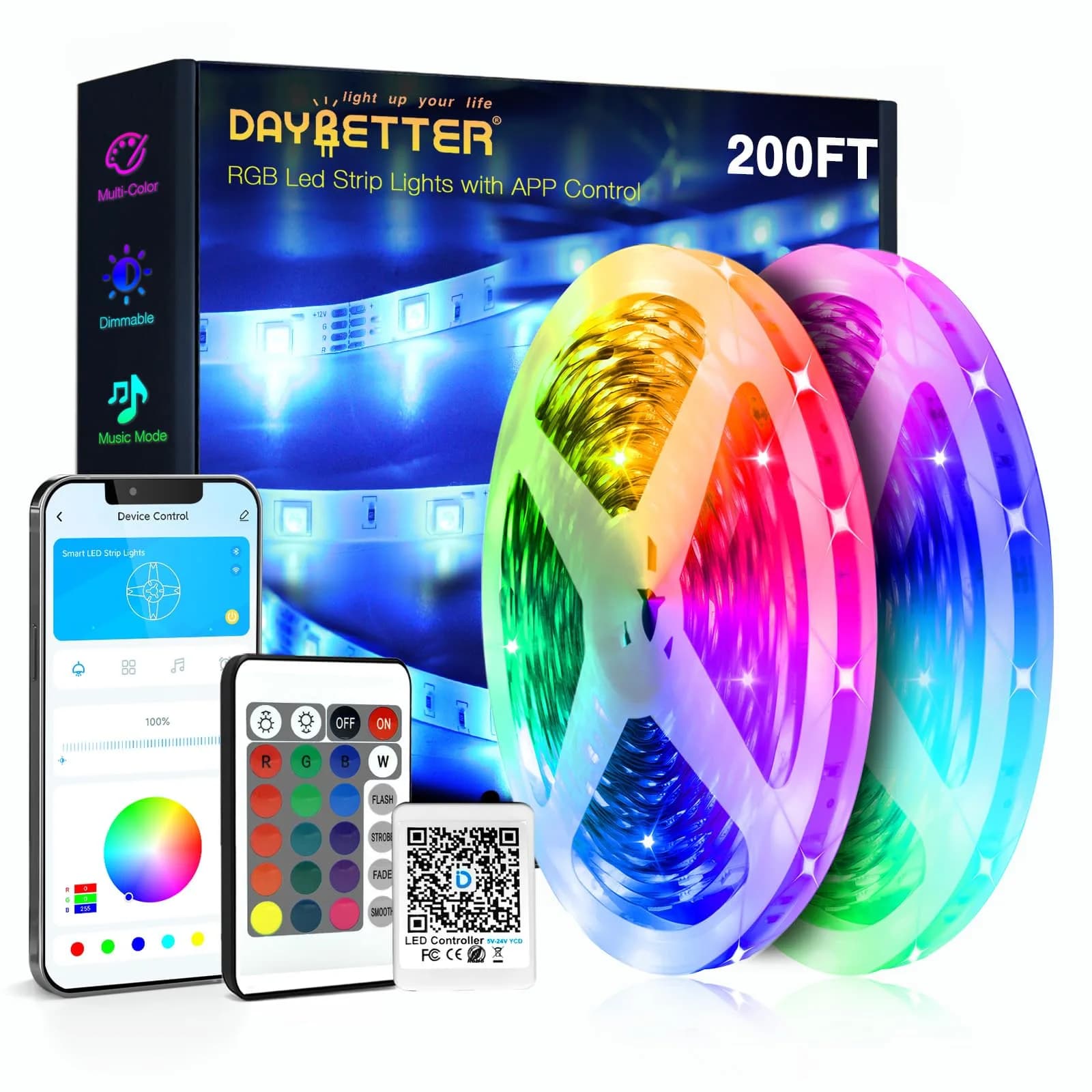 DAYBETTER 200 ft RGB LED Strip Lights | App Voice Control, Music Sync, Color Changing for Bedroom & Party
