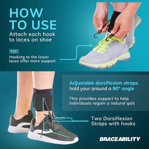 BraceAbility AFO Foot Drop Brace - Adjustable Soft Ankle Foot Orthosis for Men & Women, Walking with Shoes, Toe Lifter Support, Dorsiflexion Assist Fits Left or Right (L/XL) thumbnail 4
