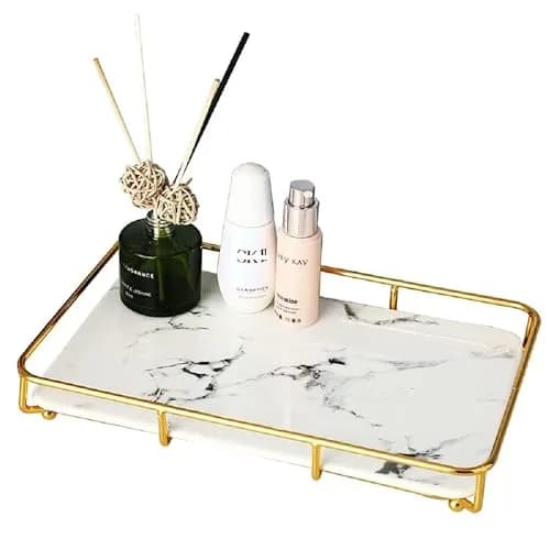 Dobbyby Vanity Tray Makeup Organizer in Stainless Steel & Marble Print | Elegant Bathroom & Dresser Storage (70-120 chars) thumbnail 1