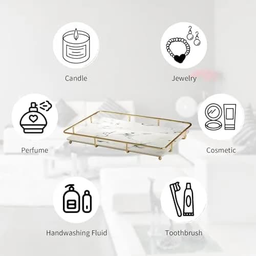 Dobbyby Vanity Tray Makeup Organizer in Stainless Steel & Marble Print | Elegant Bathroom & Dresser Storage (70-120 chars) thumbnail 2