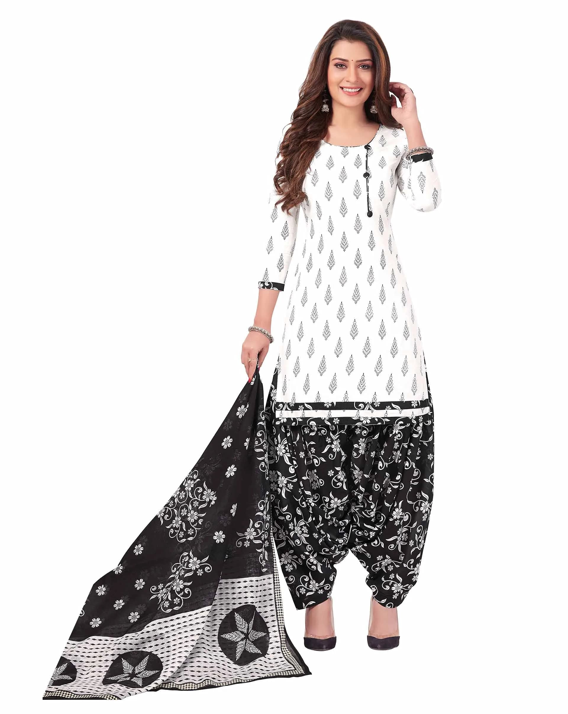 Miraan Women's Cotton Printed Readymade Salwar Suit XXX-Large White (46 inches Chest) | Traditional Floral Print Set - main product image