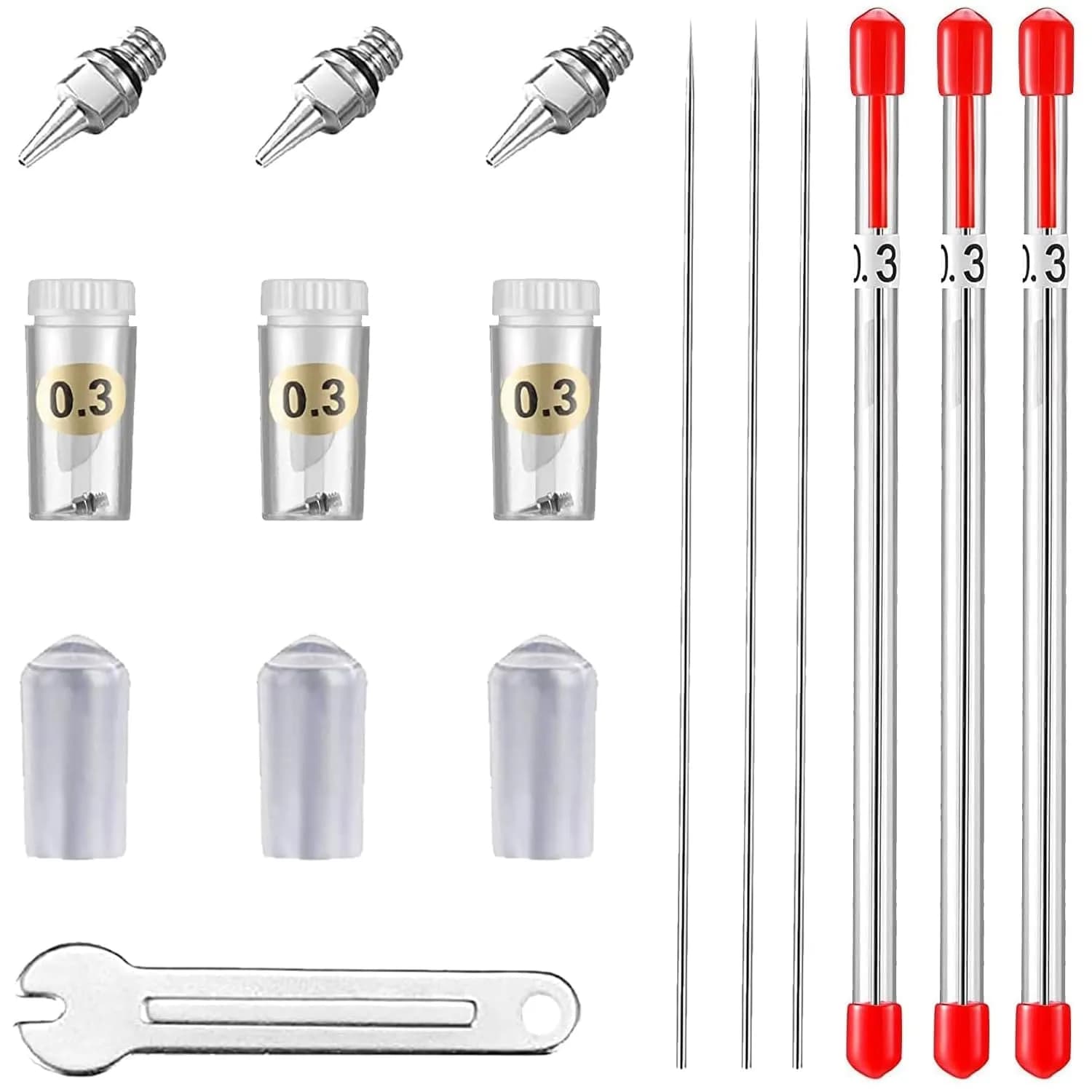 HUBEST 0.3mm Airbrush Needle Nozzle Kit, 3 Sets with Protectors & Wrench | Precision Stainless Steel & Copper Parts