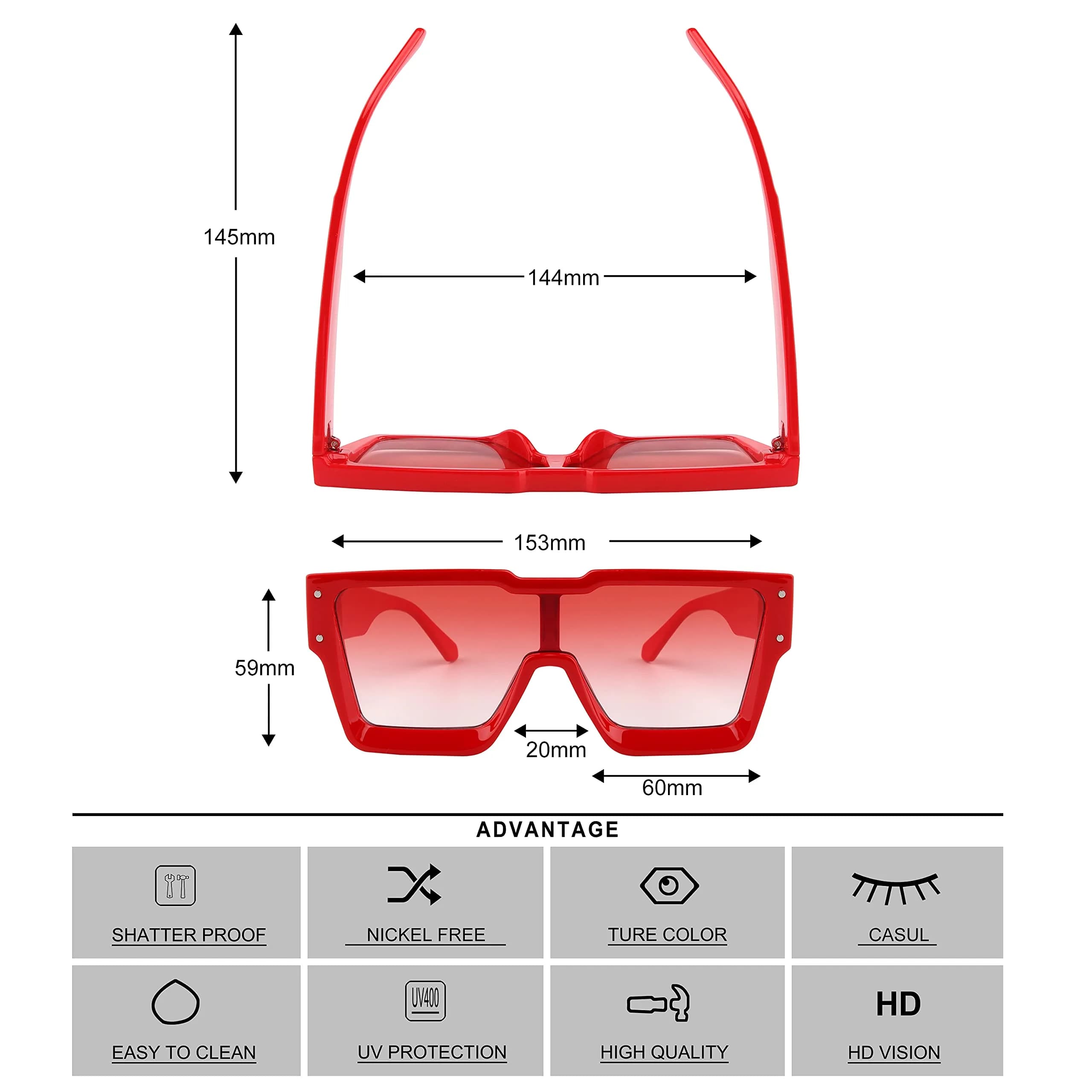 KENBO Oversized Red Frame Gradient Red Lens Square Rimless Shield Sunglasses for Women Men thumbnail 4