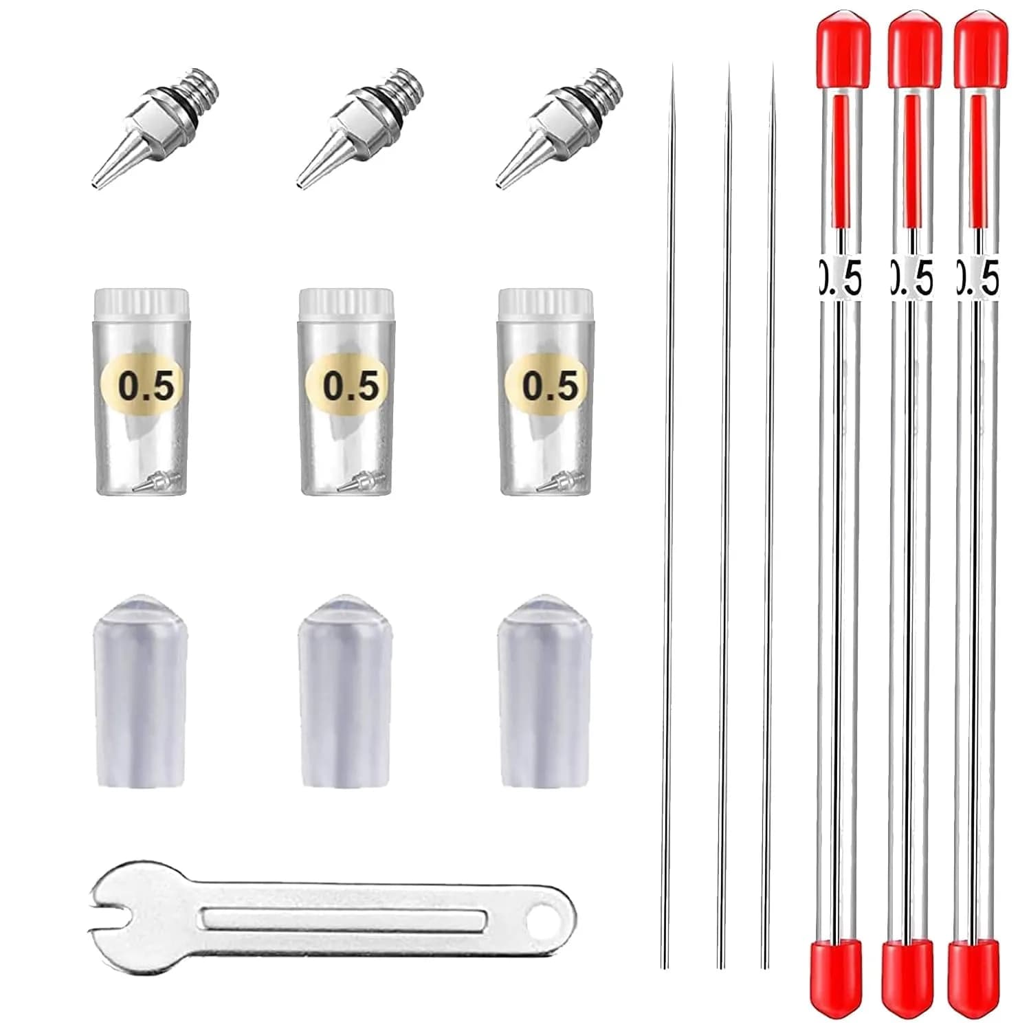HUBEST 0.5mm Airbrush Needle Nozzle Kit, 3 Sets | Stainless Steel Needles, Copper Nozzles, Protective Caps - main product image