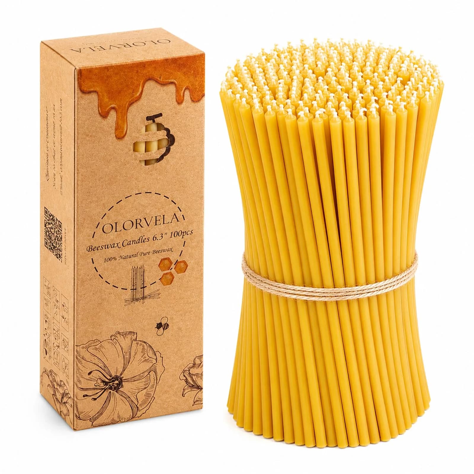 olorvela Natural Beeswax Taper Candles 6.3 Inch | 30 Min Burn, 100 Pack — Yellow