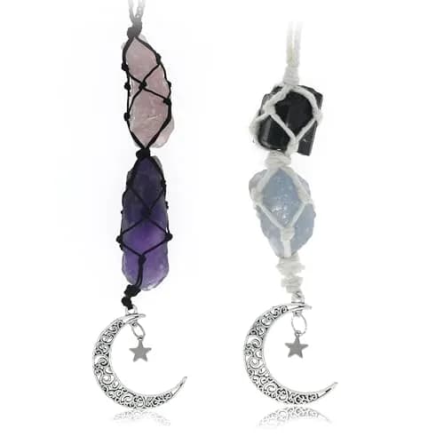 BOHO GARDEN Car Charm for Rear View Mirror - Black Tourmaline & Amethyst | Handmade Natural Crystals for Positive Energy — Tourmaline-rose Quartz