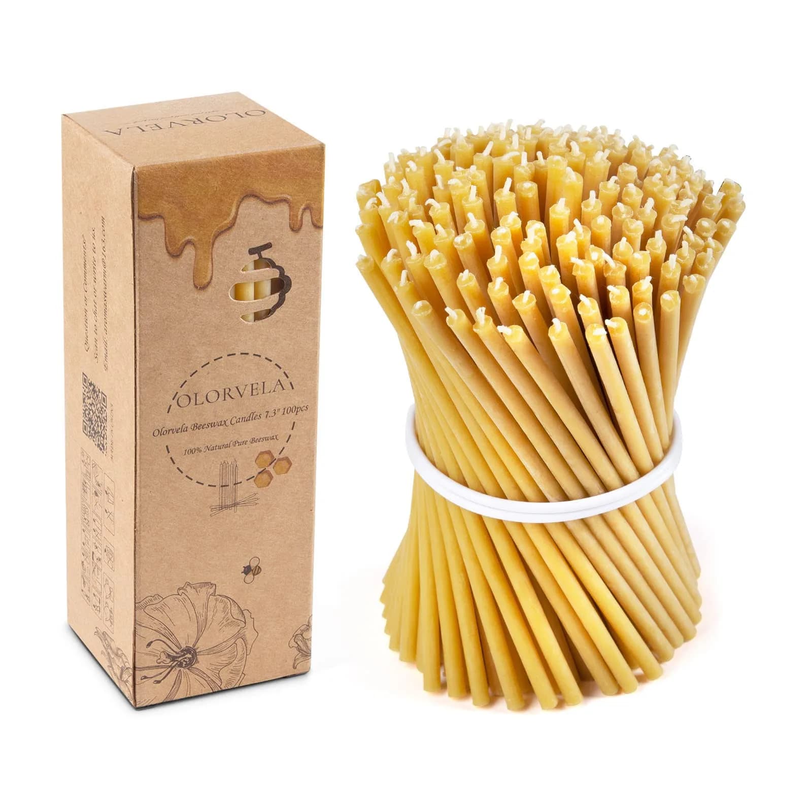 olorvela Natural Beeswax Taper Candles 7.3 Inch | Honey Scented, Dripless, Smokeless, 30 Min Burn, 100 Pack