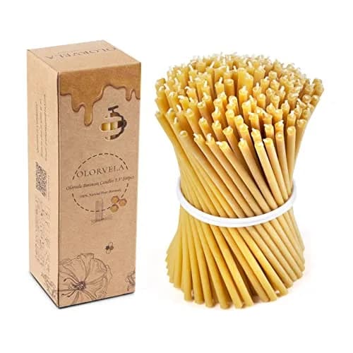 olorvela Natural Beeswax Taper Candles 7.3 Inch | Honey Scented, Dripless, Smokeless, 30 Min Burn, 100 Pack thumbnail 1