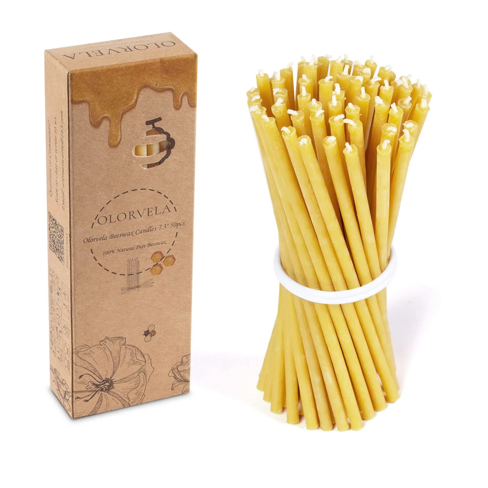 olorvela Natural Beeswax Taper Candles 50 Pack | 7.3 Inch, 30 Min Burn