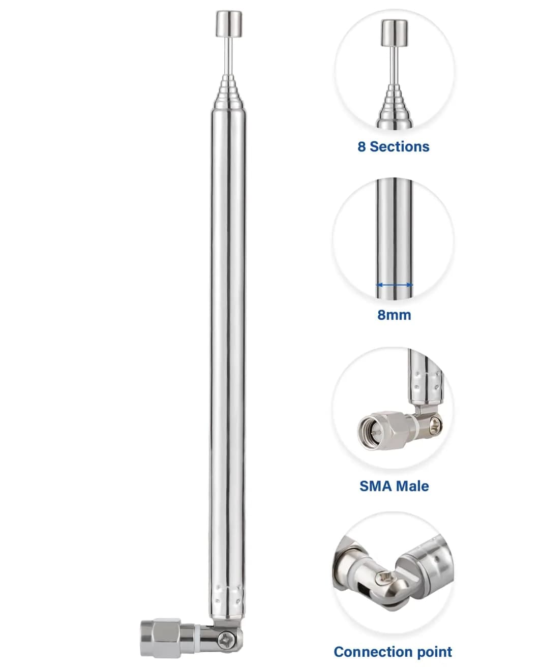 POBADY 8-Section Telescopic Antenna 73cm (28.75in) SMA Male Connector | AM/FM Radio Receiver Replacement Aerial - view 4