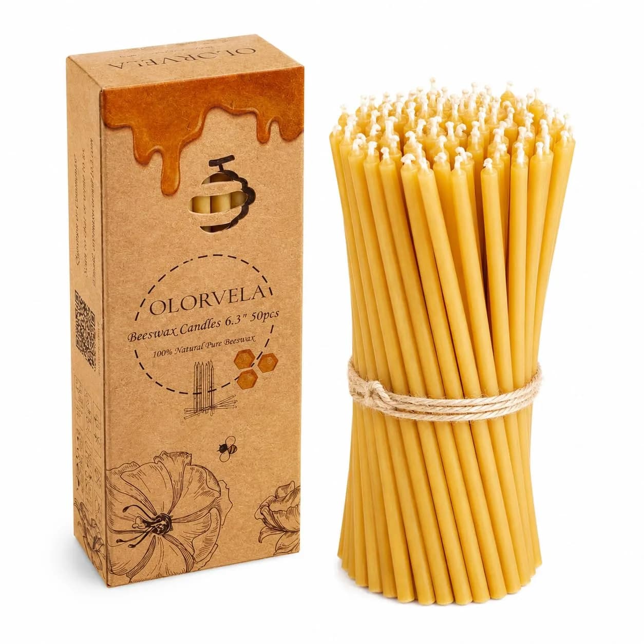 olorvela Natural Beeswax Taper Candles 50 Pack | 6.3 Inch, 30 Min Burn - main product image