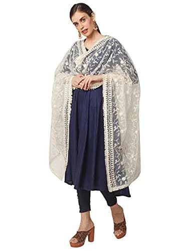 DUPATTA BAZAAR Women's Floral Embroidered Off White Net Dupatta 2.4 meters (8.2 ft) thumbnail 1