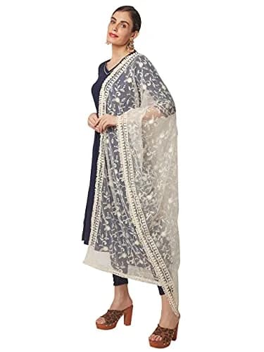 DUPATTA BAZAAR Women's Floral Embroidered Off White Net Dupatta 2.4 meters (8.2 ft) thumbnail 4