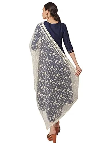 DUPATTA BAZAAR Women's Floral Embroidered Off White Net Dupatta 2.4 meters (8.2 ft) thumbnail 5