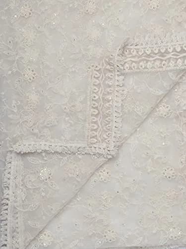 DUPATTA BAZAAR Women's Floral Embroidered Off White Net Dupatta 2.4 meters (8.2 ft) thumbnail 6