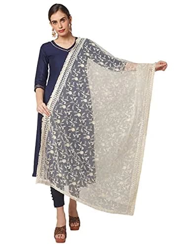 DUPATTA BAZAAR Women's Floral Embroidered Off White Net Dupatta 2.4 meters (8.2 ft) thumbnail 3