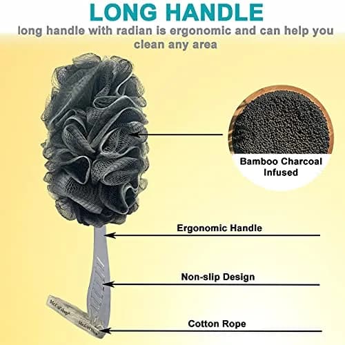 Mr.Cui'shop Charcoal Exfoliating Loofah Bath Back Brush Set with Long Handle & Mesh Pouf, 2 Count thumbnail 4