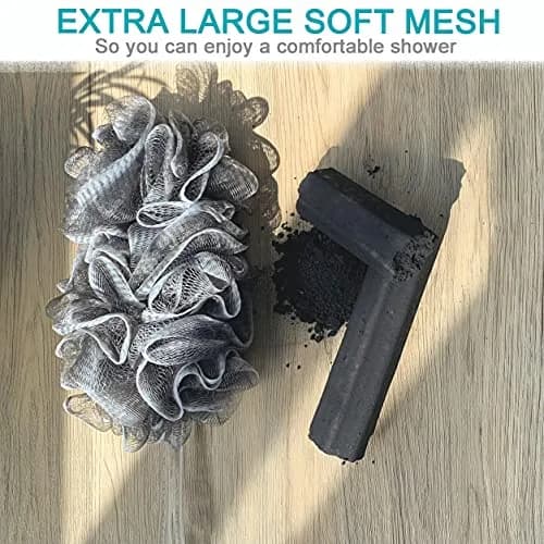 Mr.Cui'shop Charcoal Exfoliating Loofah Bath Back Brush Set with Long Handle & Mesh Pouf, 2 Count thumbnail 2