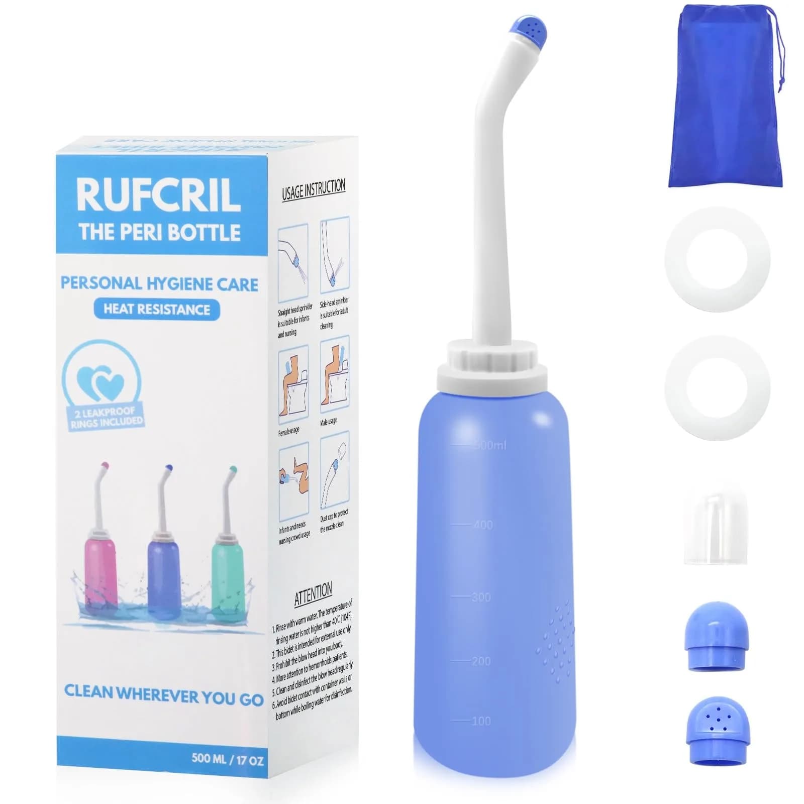 RUFCRIL 500ml (17.5 Fl Oz) Upside Down Peri Bottle | Boilable TPE for Postpartum & Hemorrhoid Care — Blue
