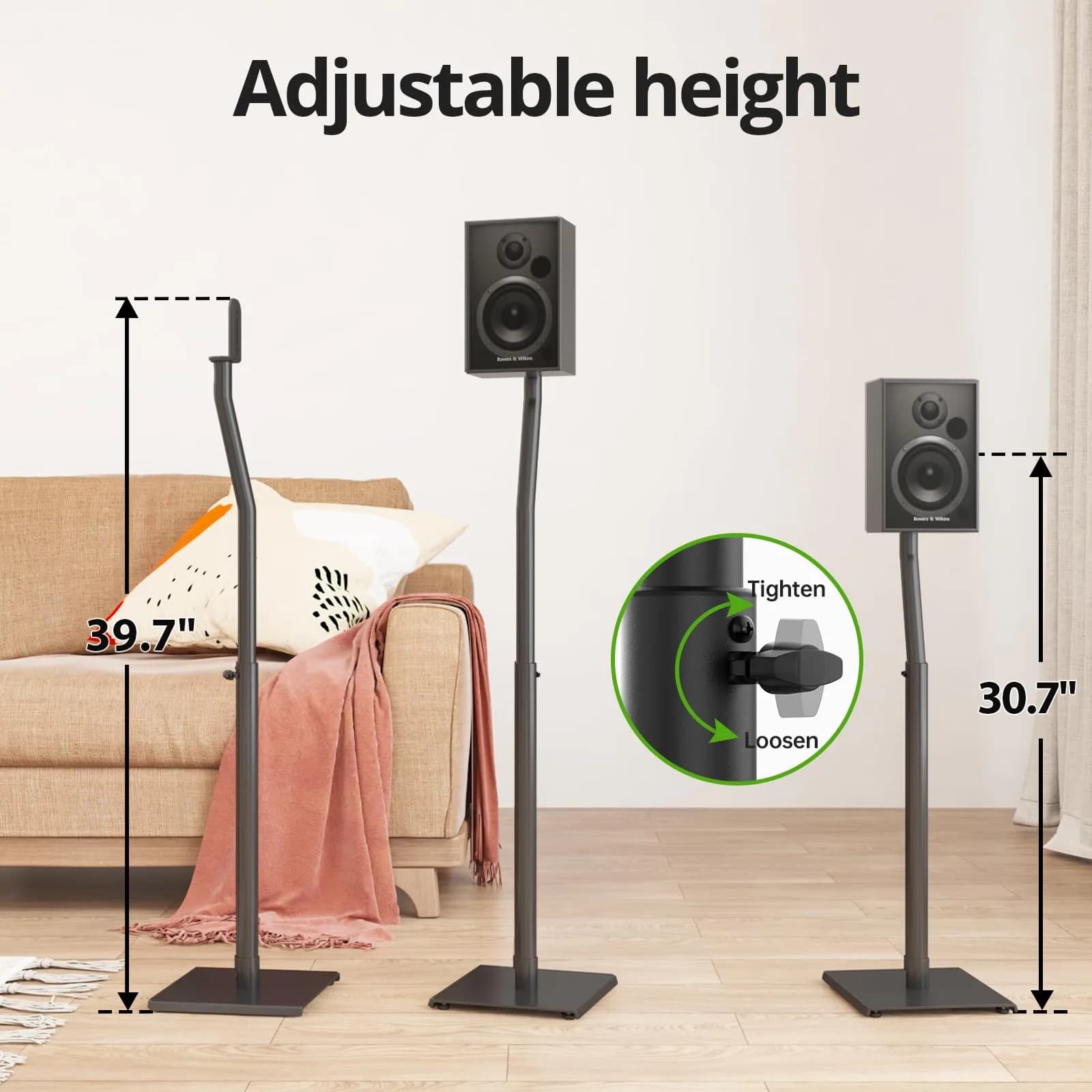 USX MOUNT Universal Speaker Stands, Height Adjustable 30"-39.1" | 5kg (11 lbs) Capacity Per Stand, Black Metal Pair - view 6