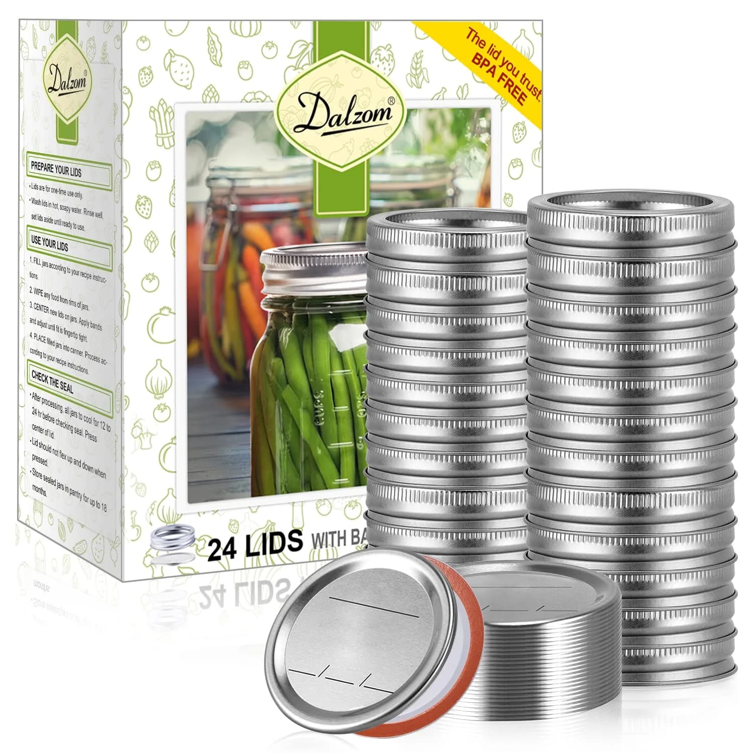 Dalzom Regular Mouth Mason Jar Canning Lids & Rings Set 24 pcs | Airtight Food Grade Seal