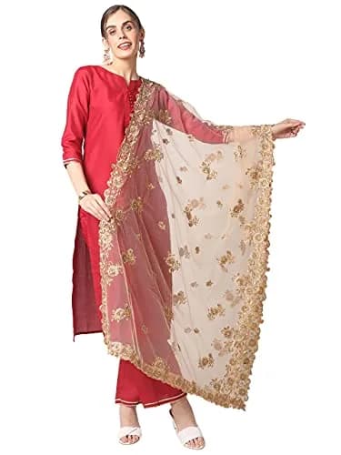 DUPATTA BAZAAR Women's Gold Embroidered Net Dupatta with Cutwork | 2.5m Free Size Ethnic Wear thumbnail 1