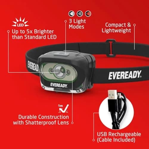 Eveready Rechargeable LED Headlight 300 Lumen (1 Pack) | IPX4 Water Resistant, 195ft Beam Distance thumbnail 2