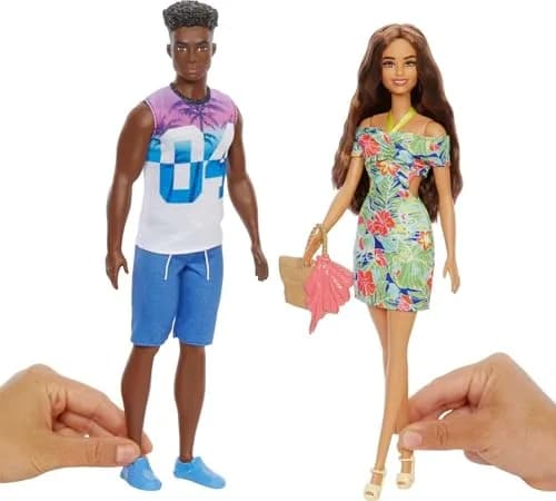 Barbie & Ken Fashions 2-Pack Clothing & Accessories Set, 1 Tropical Dress & Tote for Barbie Doll & 1 Tropical Shirt & Shorts Outfit with Shoes for Ken Doll | Double Styling Fun thumbnail 2