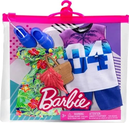 Barbie & Ken Fashions 2-Pack Clothing & Accessories Set, 1 Tropical Dress & Tote for Barbie Doll & 1 Tropical Shirt & Shorts Outfit with Shoes for Ken Doll | Double Styling Fun thumbnail 3