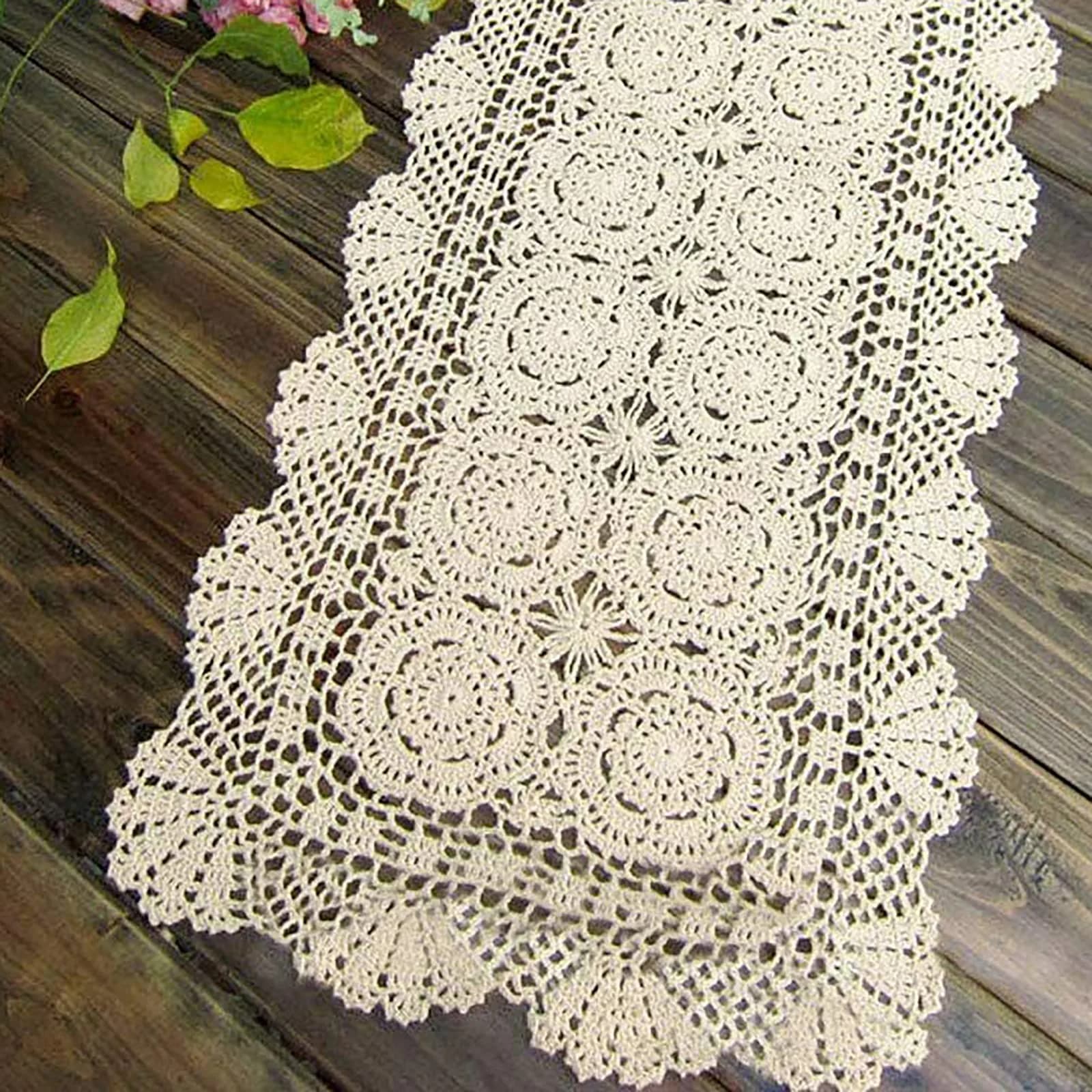 Phantomon Lace Table Runner Floral Beige 15x28 Inch | Handmade Cotton Decor