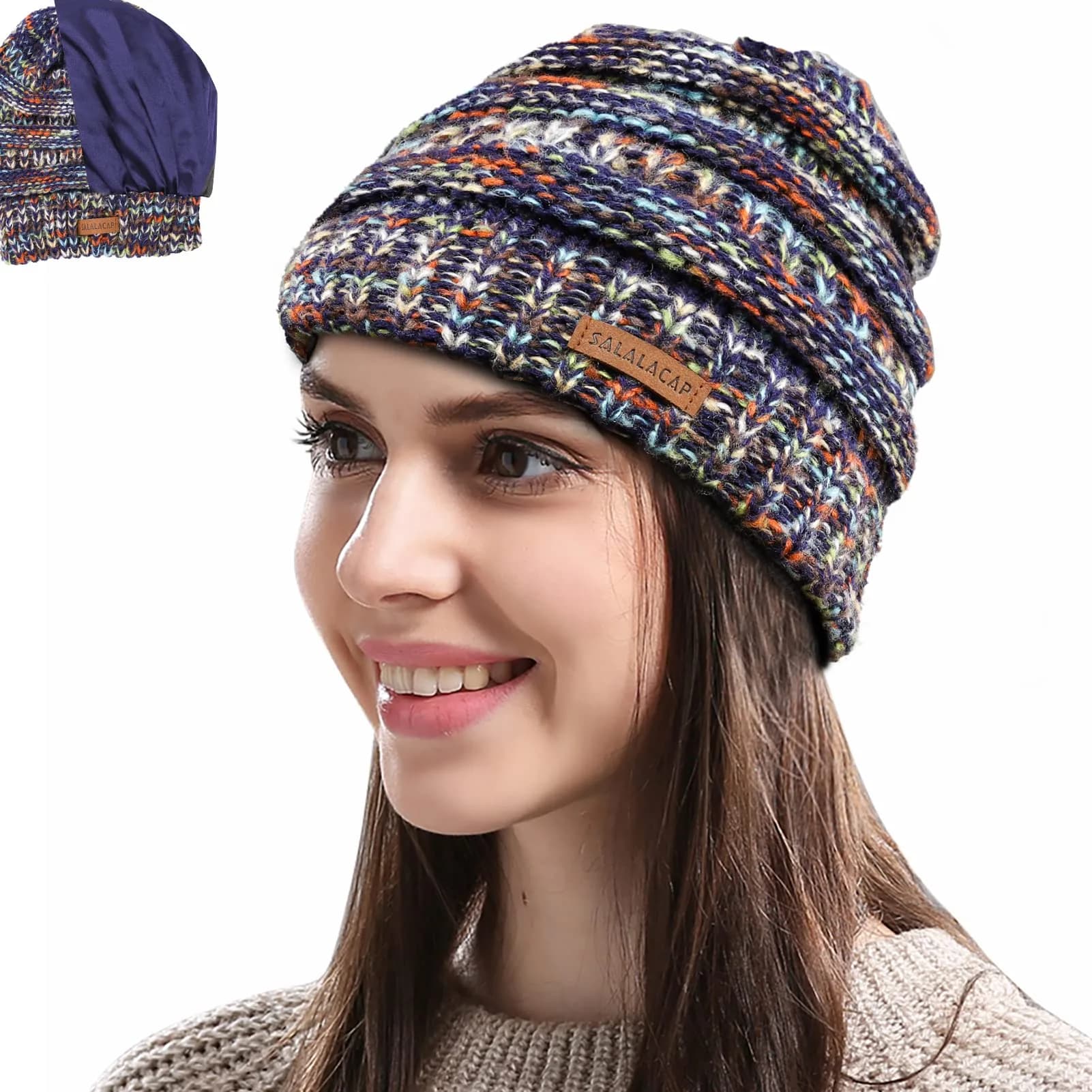 Salalacap Womens Satin Lined Winter Beanie Cable Knit for Women Thick Chunky Hat Skull Warm Cap — Classic-mix-blue
