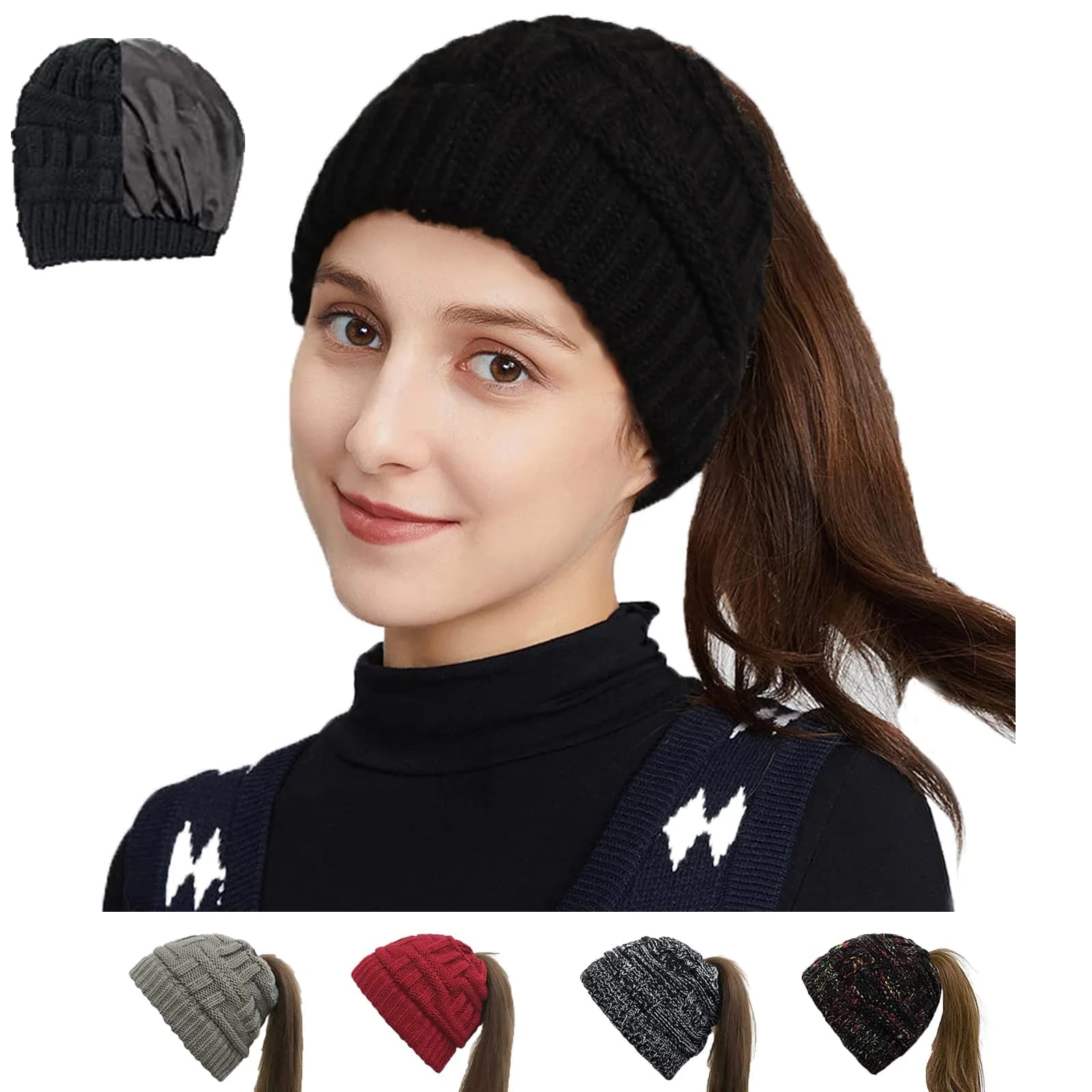 Salalacap Satin Lined Winter Beanie Cable Knit for Women | Thick Chunky Skull Cap with Elastic Fit (Black) — Ponytail-black