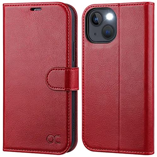 OCASE Wallet Case for iPhone 13, Card Holder, Red | Shockproof Leather Cover with RFID Shield thumbnail 1