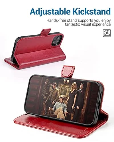 OCASE Wallet Case for iPhone 13, Card Holder, Red | Shockproof Leather Cover with RFID Shield thumbnail 4