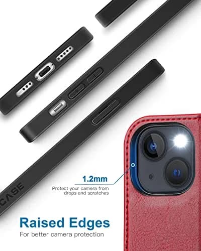 OCASE Wallet Case for iPhone 13, Card Holder, Red | Shockproof Leather Cover with RFID Shield thumbnail 5
