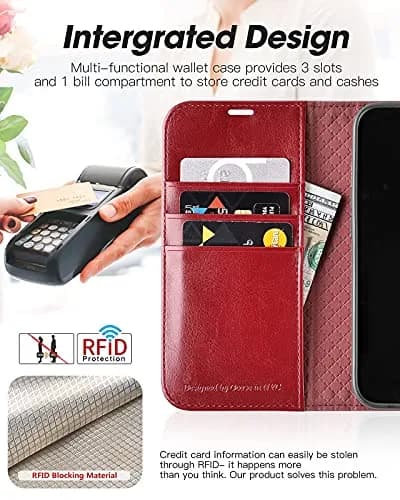 OCASE Wallet Case for iPhone 13, Card Holder, Red | Shockproof Leather Cover with RFID Shield thumbnail 3