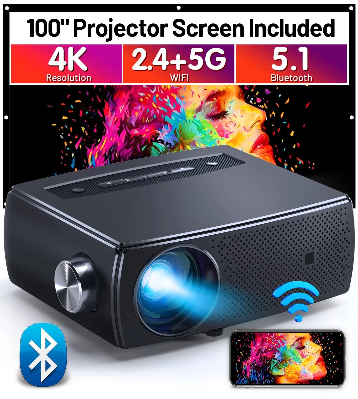 ClokoWe Video Projector 1080P HD 5G WiFi Bluetooth Portable | Home Theater with Screen — Black