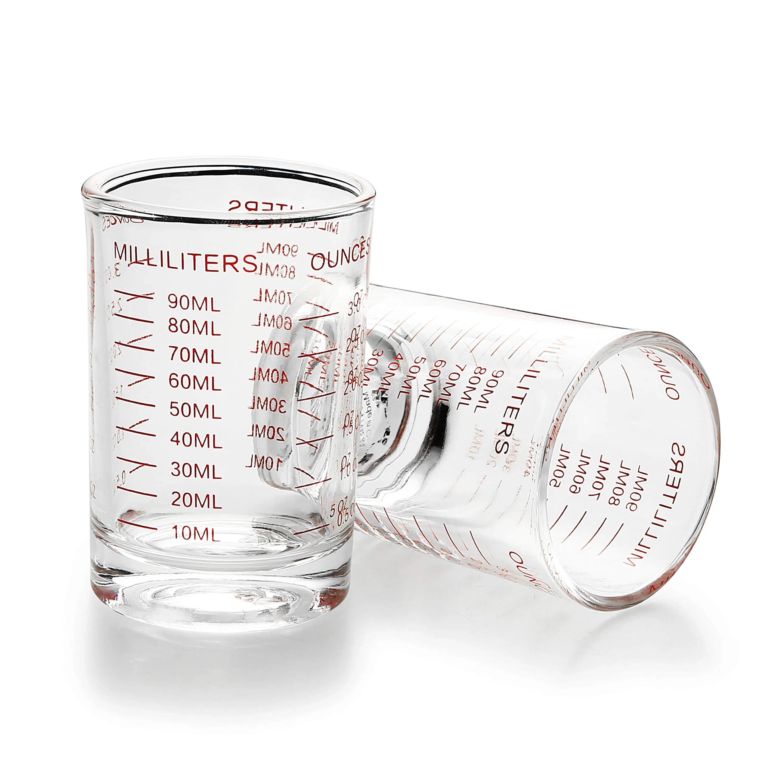 NCnnwovf 2 PACK Measuring Cup Shot Glass 90ML | Heavy Glass with Red Scale for Liquids & Dry