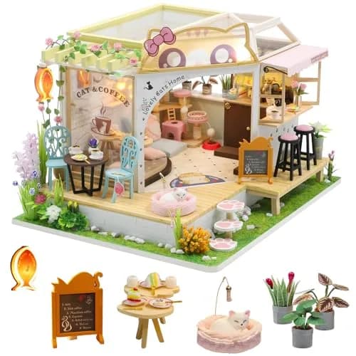 CUTEBEE Cat Coffee Garden DIY Dollhouse Miniature Kit with Furniture, 1.38 kg (3.06 lb) | Collectible Home Decor — Cat Coffee Garden
