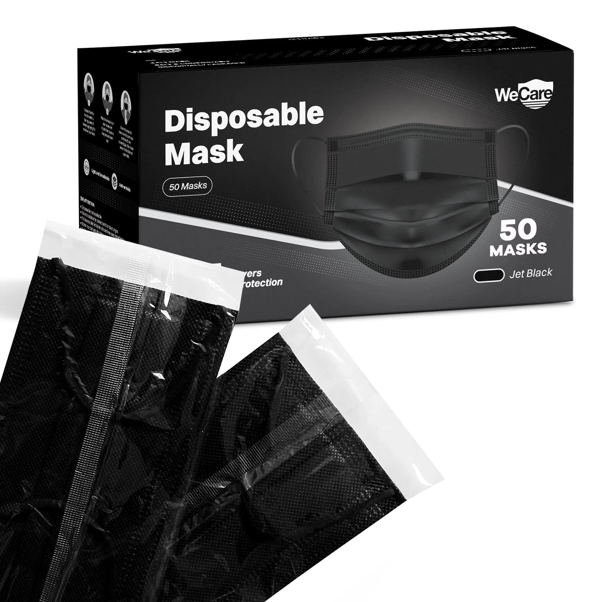 WECARE 50 Box, Individually-Wrapped Masks - Jet Black | 3 Ply Disposable Face Masks for Adults & Kids - main product image