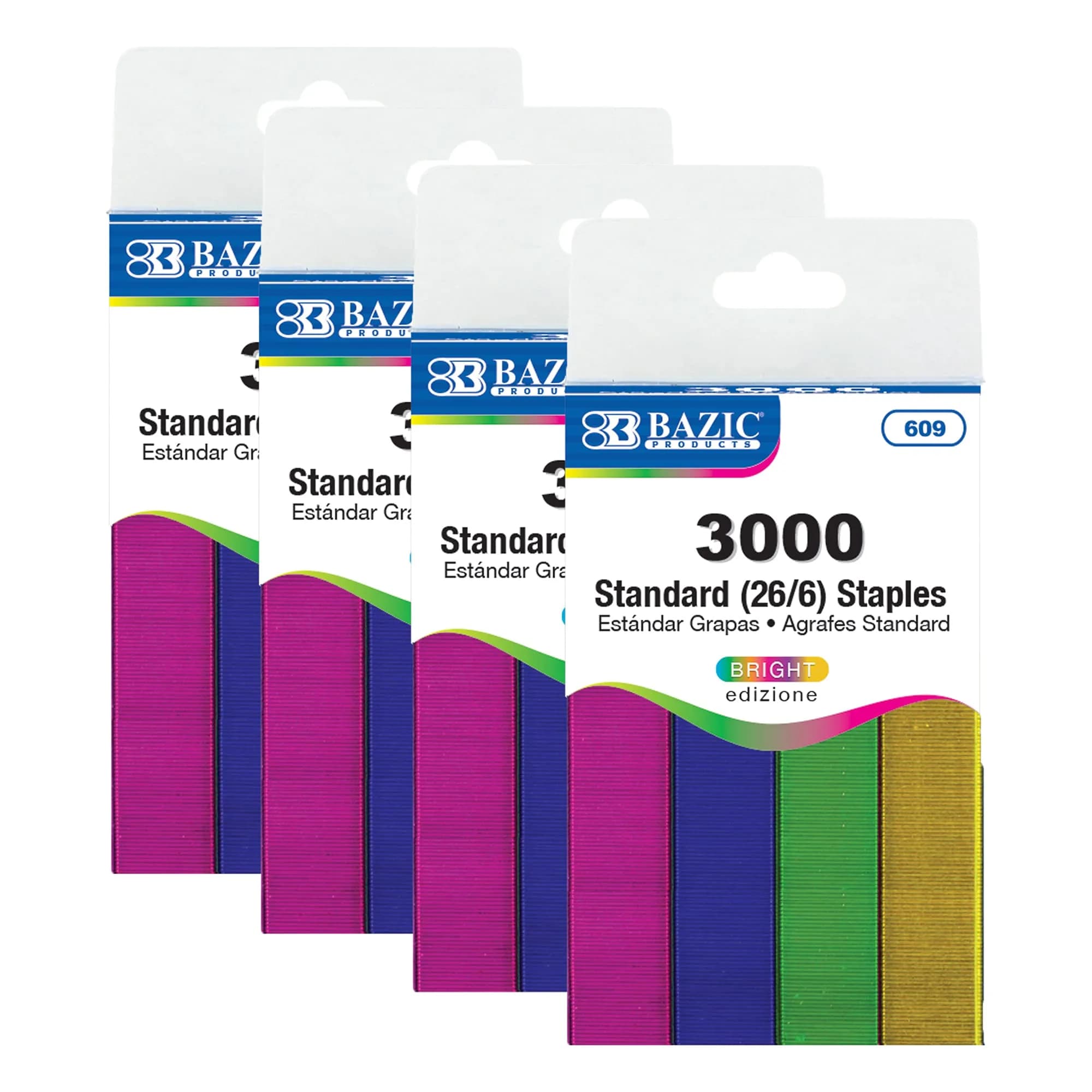 BAZIC Standard Staples 26/6 Chisel Point Bright Colors 3000 Count Staples, 4-Pack - main product image