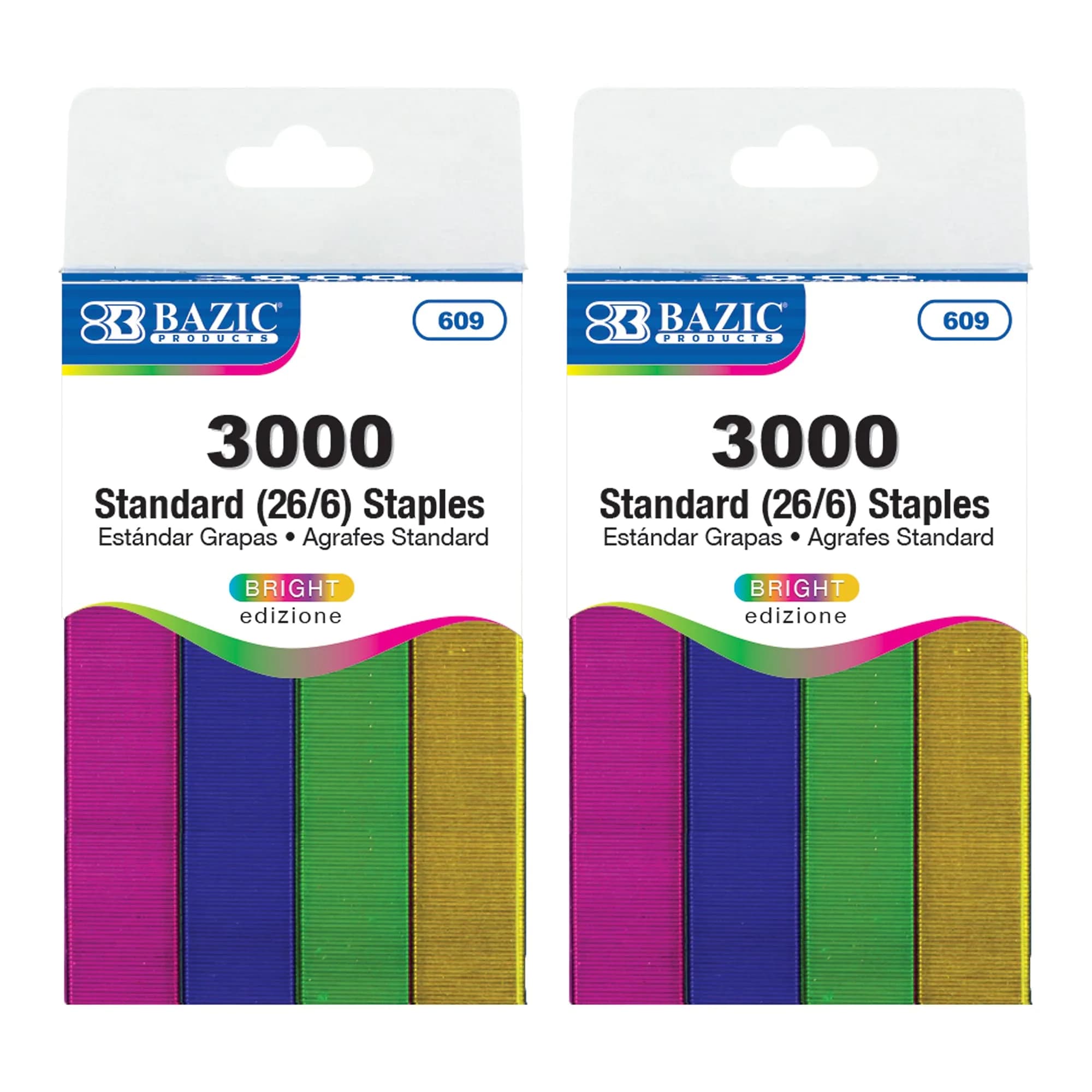 BAZIC Standard Staples 26/6 Bright Colors 1/4-inch Leg Length Chisel Point - 2 Pack (6000 Staples Total) - main product image