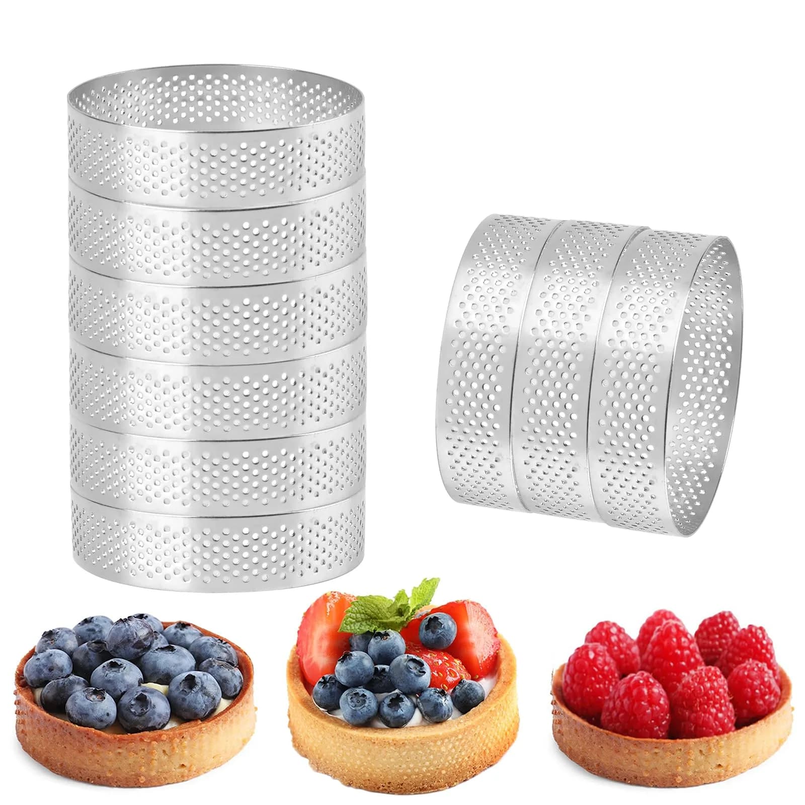 Frcctre 9 Pack 8cm (3.15 Inch) Stainless Steel Tart Rings | Perforated Molds for Tarts, Cakes & Desserts — Silver
