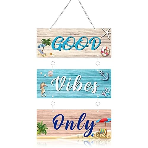 Hotop Metal Coastal Beach Wall Art Decor Good Vibes Only Sign 10 x 4 Inch | Vintage Style Beach Theme thumbnail 1