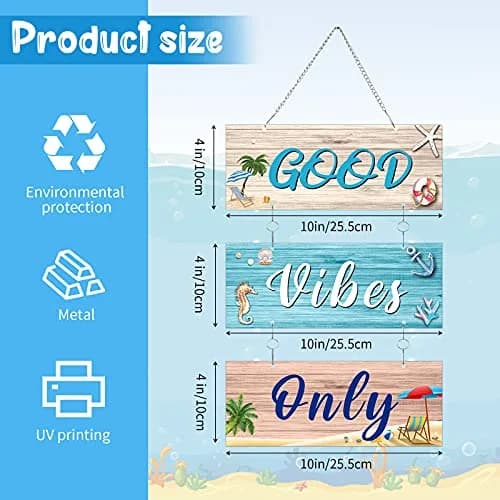 Hotop Metal Coastal Beach Wall Art Decor Good Vibes Only Sign 10 x 4 Inch | Vintage Style Beach Theme thumbnail 2