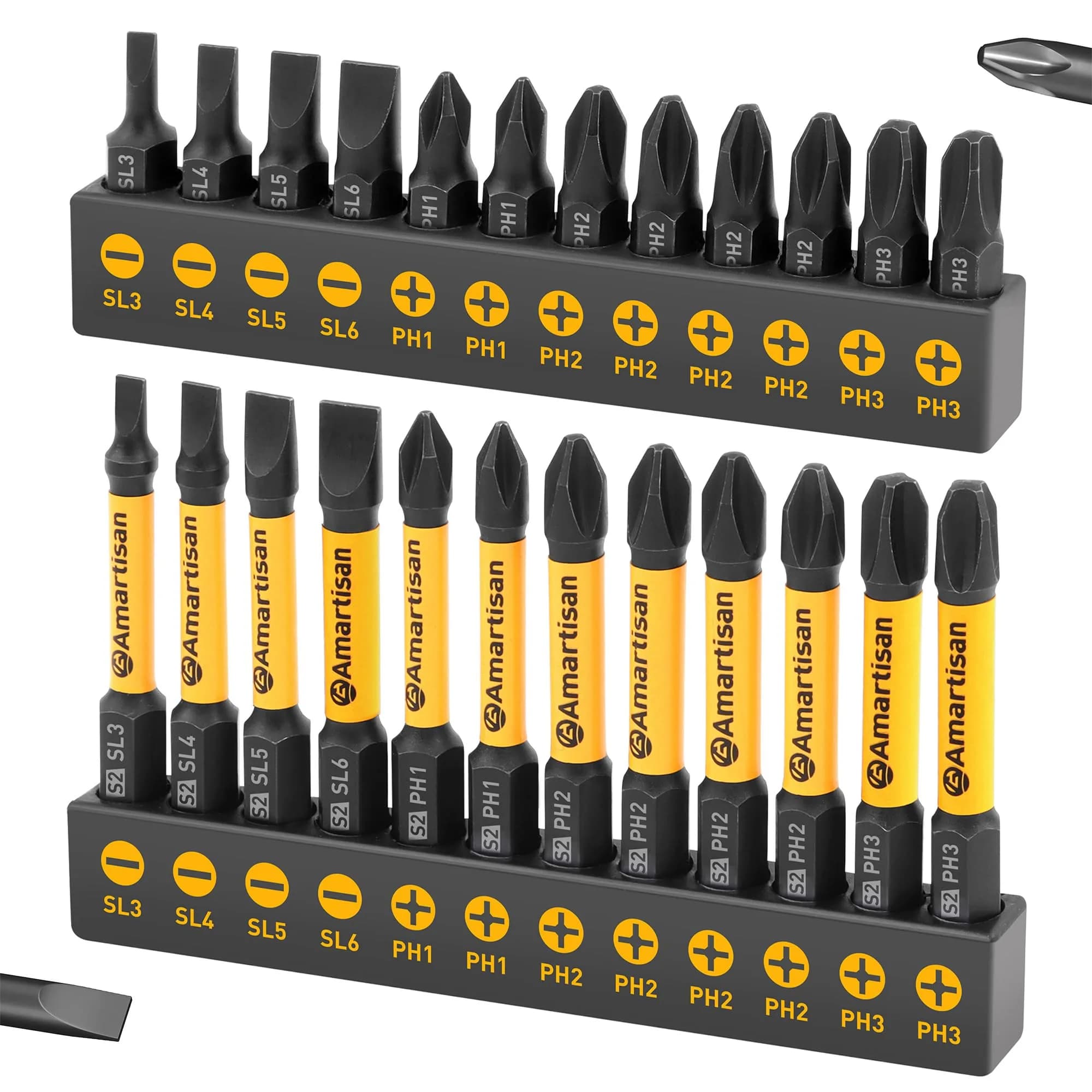 Amartisan 20-Piece Hex Head Allen Wrench Drill Bit Set, Metric & SAE, S2 Steel, Magnetic Tips, 2.3" Long, Storage Box — 24-Piece Bit Set (Slotted+Phillips)