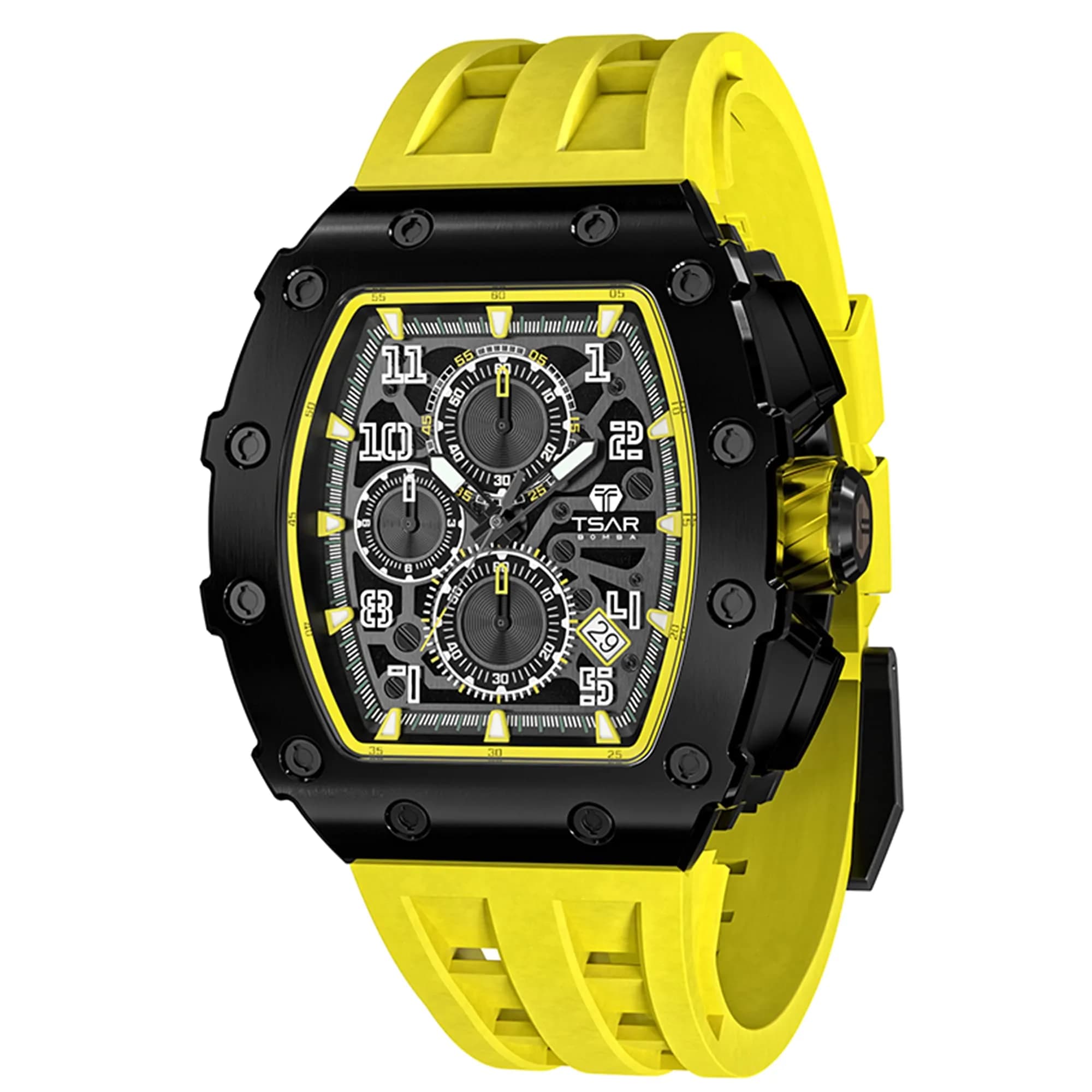 TSAR BOMBA Men's Quartz Wristwatch Waterproof 50M | Luxury Tonneau Chronograph for Men — Yellow-Black-Yellow